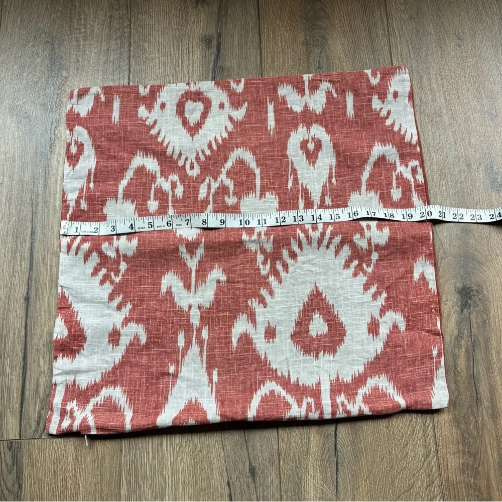 Linen Ikat Throw Pillow Cover Sham 20 inches Square Coral Red Cream Cottage